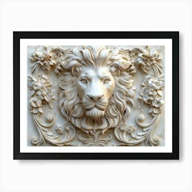 3d Relief Lion Art With Intricate Details And Elegant Design In Off White Color Art Print