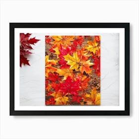 Bright Botanical Art Featuring Fall Foliage Vibrant Red Orange And Neon Colors Framing A Golden M Art Print