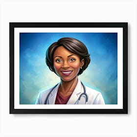 A Portrait Of A Smiling Black Woman Doctor, Wearing A White Coat And Stethoscope, With A Soft Blue Background Art Print