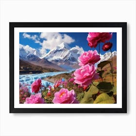 Pink Roses In The Mountains Poster