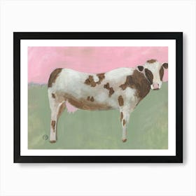 Cow On Olive Green And Pink - farm animal white brown cow hand painted Art Print