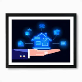 Artificial Intelligence Concept Visualized As A Hand Holding A Glowing Blue Diagram Of A Smart Home (1) Art Print