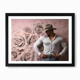 Cowboy Posing With Roses Art Print