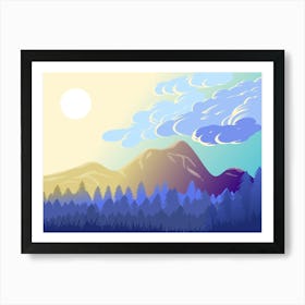 Mountains Forest Landscape Sky Clouds Sun Sunlight Glow Trees Mountain Range Environment Nature Scenery Scenic Minimalist Art Art Print