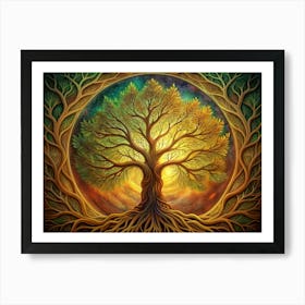 Mystical Golden Tree With Roots And A Colorful Background Art Print