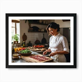 Candid Shot Of A Sophisticated Female Chef Just Slicing Up The Buttery Raw Bacon For A Tasting Ital (2) Art Print