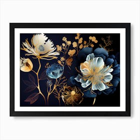 Blue And Gold Flowers 3 Art Print