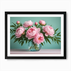 A Bouquet Of Pink Peonies In A Glass Vase On A Pink Table, With A Soft, Green Background, Creating A Romantic And Delicate Atmosphere Art Print