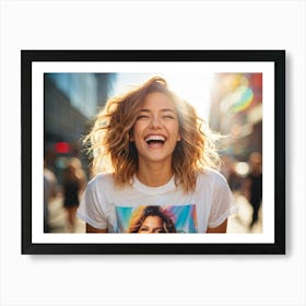 Confident Young Woman Mid Laugh Stylish T Shirt Emblazoned With A Trendy Graphic Positioned Cente (1) Art Print