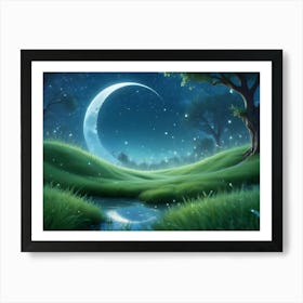 A Tranquil Night Scene With A Crescent Moon, Stars, And Fireflies Illuminating A Grassy Field And A Small Pond Art Print