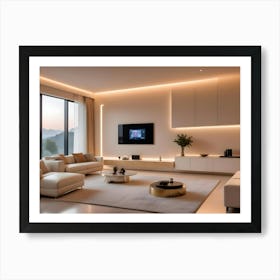 A Modern Living Room Interior With A White Sofa, A Coffee Table, A Tv, And Accent Lighting, Creating A Minimalist And Sophisticated Design Art Print