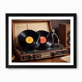 A Vintage Style Image Of A Record Player With Two Vinyl Records, A Tone Arm, And Speakers Art Print