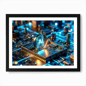 A Magnifying Glass Is Focused On A Golden Ai Symbol, Placed On A Computer Motherboard Circuit Board With Glowing Blue And Orange Lights Art Print