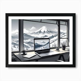 A Laptop With A Snowy Mountain Landscape On The Screen Is On A Desk In A Room With A Window View Of The Same Mountain Range Art Print