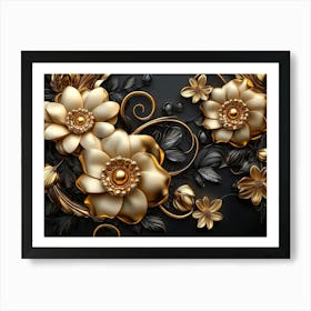 3d Golden Jewelry and Flowers 2 Art Print