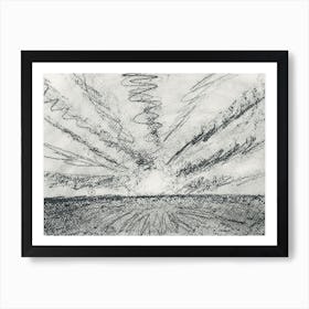 Here Comes The Sun - grey gray graphite charcoal pencil hand drawn drawing contemporary monochrome landscape Art Print