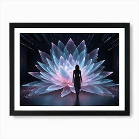 A Silhouetted Person Stands Before A Large, Glowing, Ethereal Lotus Flower In A Dark Room Art Print