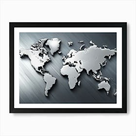 3D Metallic World Map On Sleek Brushed Metal Background, World Map Art Print
