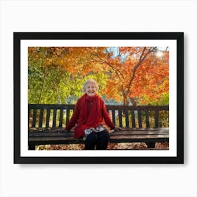 Elderly Woman Radiating Joy Seated On A Rustic Wooden Bench In A Lush Park Surrounded By A Kaleido (1) 2 Art Print