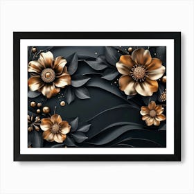 Gold Flowers On Black Background 8 Art Print