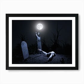 Full Moon Casting Eerie Glow On An Undead Figure Hands Clutching Out From The Dark Soil As Its Grav Art Print