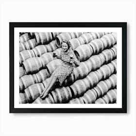 Woman Sitting On Beer Barrels, Black and White Vintage Photo Art Print