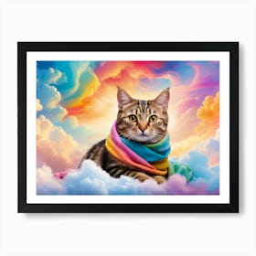 Cat lying in a rainbow of clouds wearing a colorful scarf Art Print