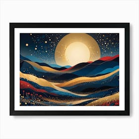 A Stylized, Colorful Landscape With Mountains, Hills, A Large Moon, And Scattered Golden Elements Against A Dark Blue Background, Creating A Tranquil And Harmonious Scene Art Print