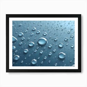 A Macro Photo Of Water Droplets On A Blue Surface, Creating A Beautiful And Abstract Design Art Print