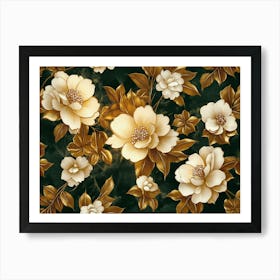 Luxury Floral Pattern with Flowers Elegant Texture Illustration in Golden, Green, White and Black Art Print