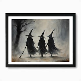 Three Witches | Dark Cottagecore Moody Gothic Neutral Halloween Art | Dark Academia Spooky Print | Witch Pagan Halloween Art for October Wall Decor in HD Art Print