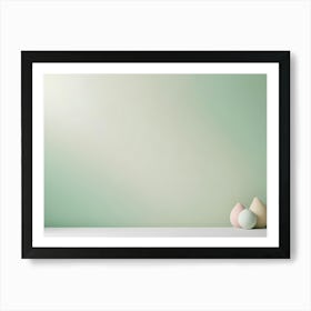 Minimalist Interior Design Scene With Two Ceramic Vases In Pastel Pink And Yellow Colors, Placed On A White Surface Against A Green Wall Art Print