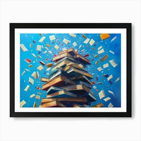 A Captivating Art Piece Featuring A Towering Stack Of Books With Flying Letters 2 Art Print