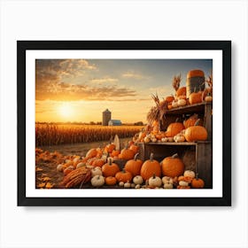 A Vintage Style Autumn Harvest Composition Showcasing Piles Of Pumpkins And Corn Cobs Scattered In (2) Art Print