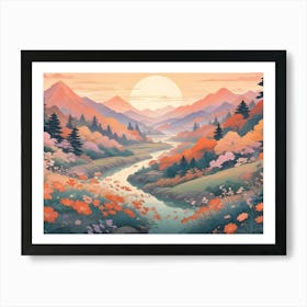 A Digital Painting Of A Serene Landscape With Mountains, A River, Trees, And Flowers Art Print