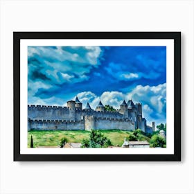 Medieval Fortress in Carcassonne France. A majestic medieval fortress stands tall against a backdrop of a bright blue sky adorned with fluffy white clouds. The fortress, constructed of weathered gray stone, features a towering wall with multiple watchtowers topped with conical roofs. The wall encloses a sprawling complex, hinting at a rich history and strategic importance. Art Print