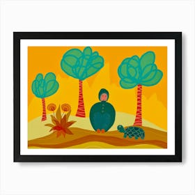 Woman And The Turtle With Turquoise Trees Art Print