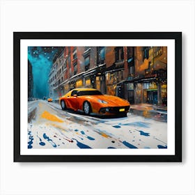 DX20240602-10 Vibrant Yellow Sports Car in Snowy Cityscape Art Print