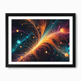 Colorful Abstract Fractal Art Resembling A Cosmic Explosion With Orange, Blue, And Purple Hues, Adorned With Sparkling Particles Art Print