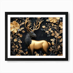 Gold Deer With Flowers Art Print