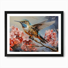 Vibrant Hummingbird and Cherry Blossom Art Art Print