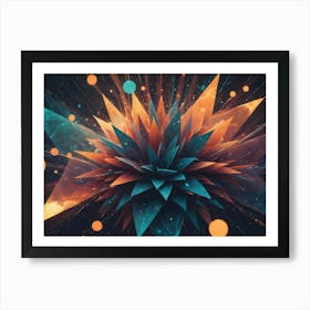 A Symmetrical Explosion Of Abstract Teal And Orange Shapes With Radiating Light Streaks And Colorful Orbs, Creating A Dynamic And Vibrant Design Art Print