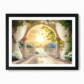 3d Beautiful View Of Landscape Background From The Old Arches, Tree, Sun, Water and Birds Art Print