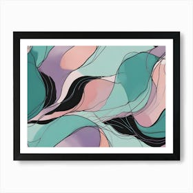 Abstract Image Of Flowing Lines And Shapes In Shades Of Green, Pink, Black, And White, Creating A Dynamic And Artistic Composition Art Print