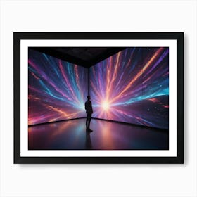 A Man In A Dark Suit Stands In An Empty Room And Looks At A Large Screen Displaying A Colorful, Abstract Image Of A Cosmic Explosion Or Nebula Art Print