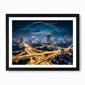 Aerial View Of Bangkok At Night Showcasing The Metropolitan District Interwoven With A Complex Tele (3) Art Print