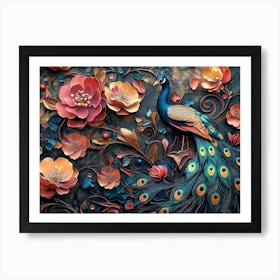 Elegant Leather Base Combines Bright Color Floral with Exotic Oriental Pattern Flowers and Peacocks 1 Affiche