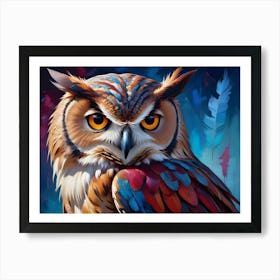 Colorful, Artistic Portrait Of An Owl With Piercing Orange Eyes Art Print