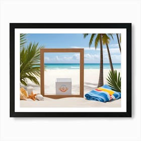 A Wooden Frame Placed On A White Sand Beach With A Towel, Seashells, And A Small Box Art Print