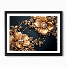 3d Art Illustration Background With Golden Jewelry And Flowers Art Print